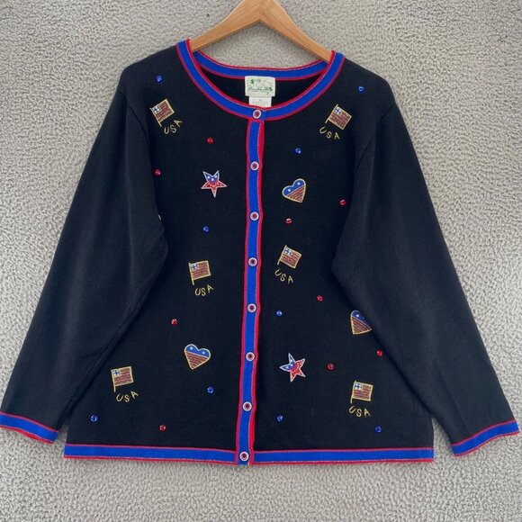 Quacker Factory Sweater Women 1X Plus Black Cardigan USA Patriotic Beaded Sequin - Picture 1 of 9